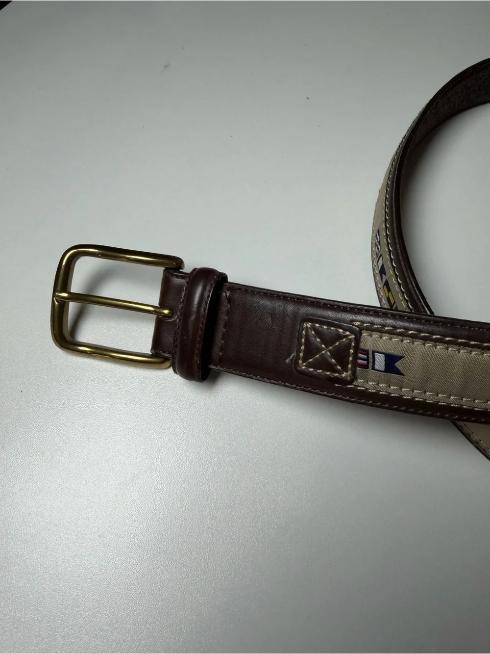 Vintage Leatherman Nautical Theme Sailing Flags Brown Leather Belt Canvas Inlay